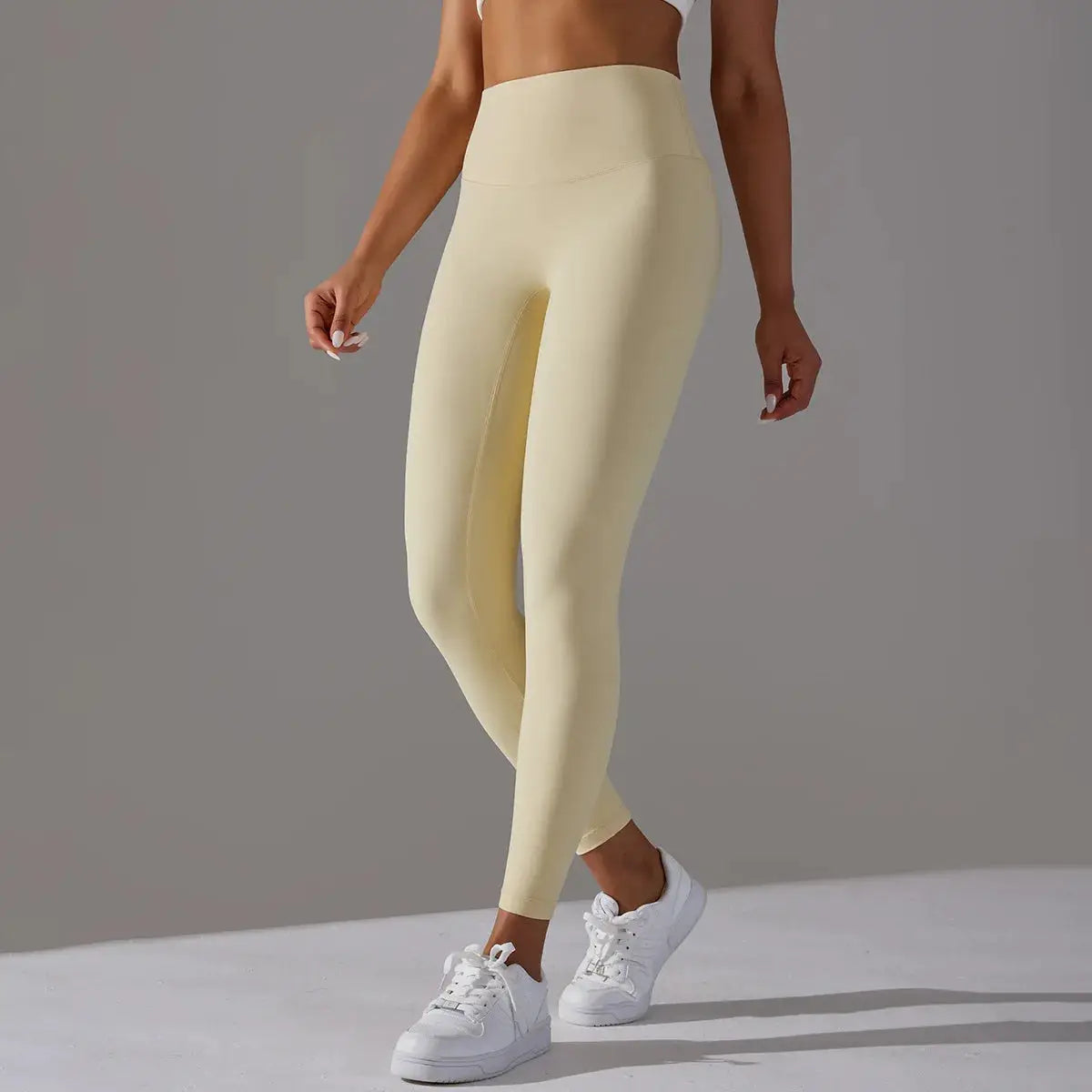 High Waist Naked Feeling Leggings for women in beige; gym/fitness yoga pants.