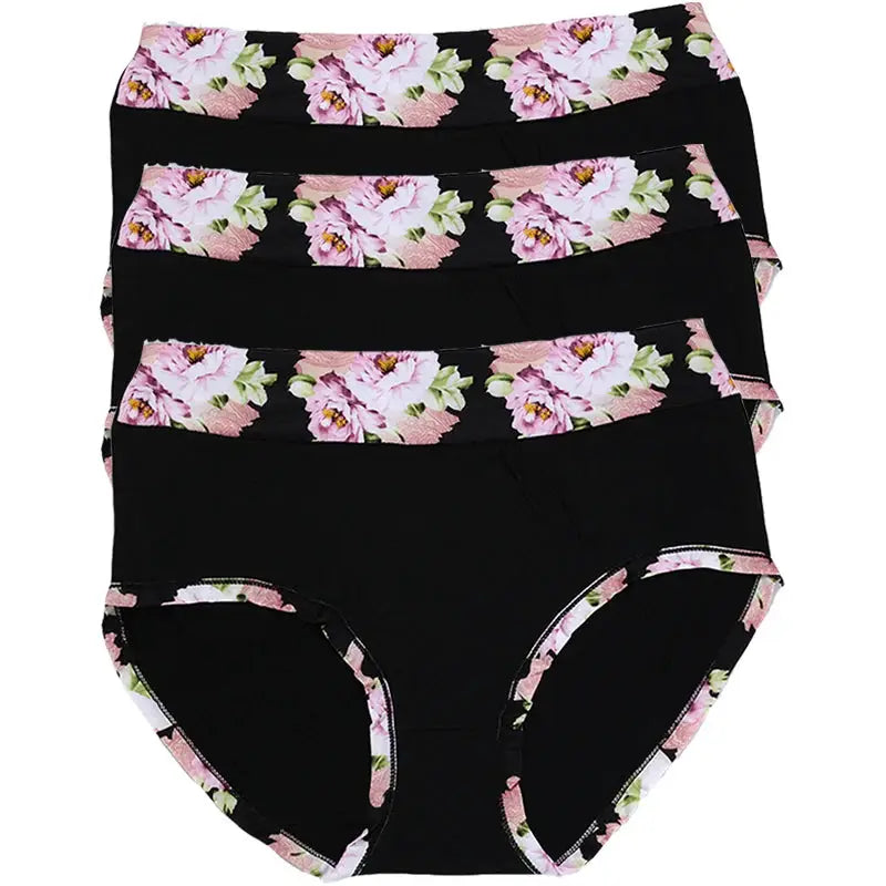 Panties 4-pack, black briefs with pink floral waistband pattern, full-coverage fit for everyday wear