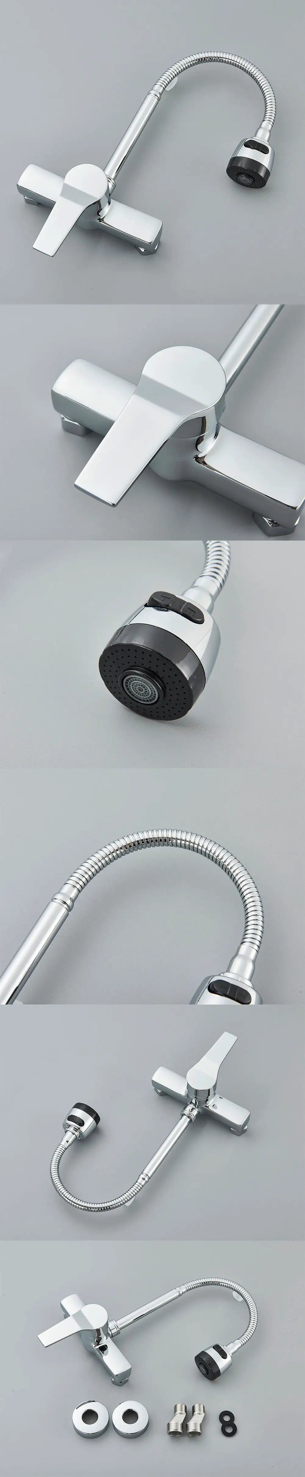 Chrome wall-mounted dual-hole kitchen faucet with hot/cold water mixer and flexible pull-down spray.