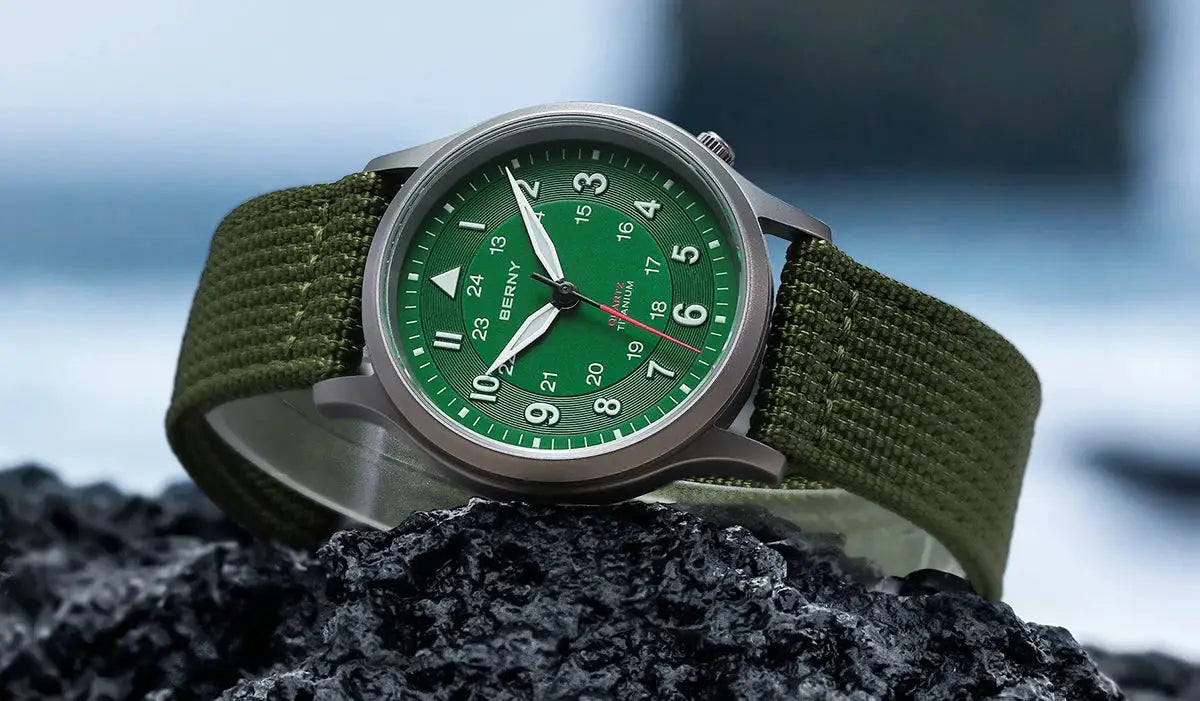 BERNY field watch for men, titanium case with green dial and olive green fabric strap
