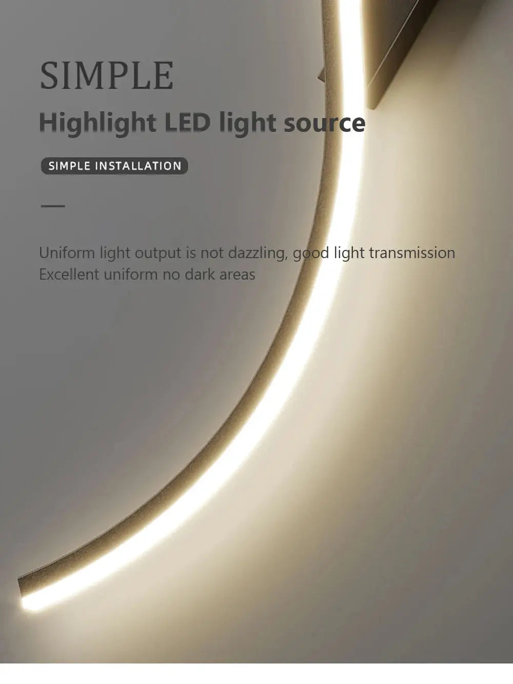 Modern LED wall lamp with curved arc LED strip emitting warm white light for bedroom or living room