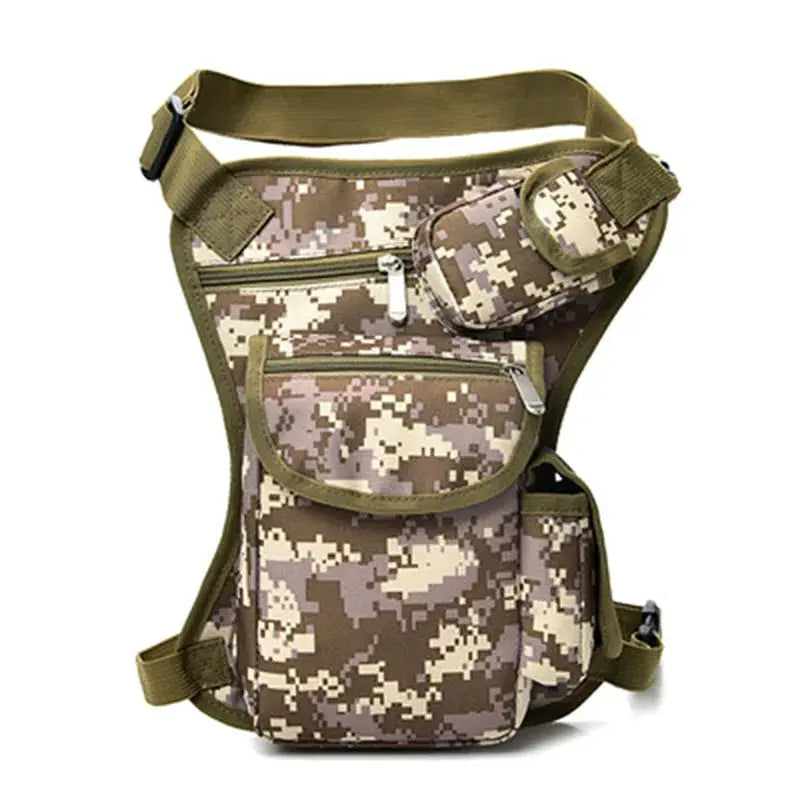 Men's canvas drop-waist fanny pack with multiple zip pockets, digital camo pattern, olive-green trim.