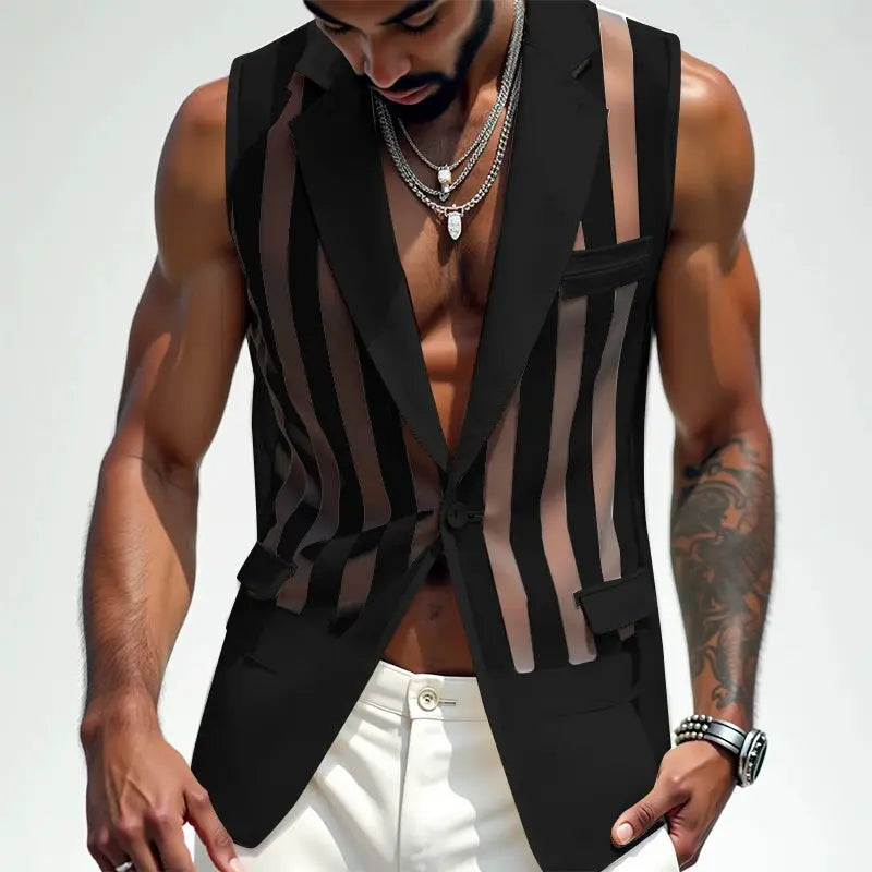 Men's mesh striped vest blazer with sheer black panels, sleeveless, one-button lapel