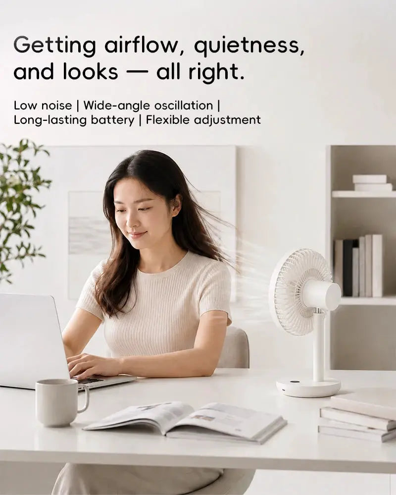 KINSCOTER desk fan by Simples Market, white USB rechargeable oscillating with 5 speeds