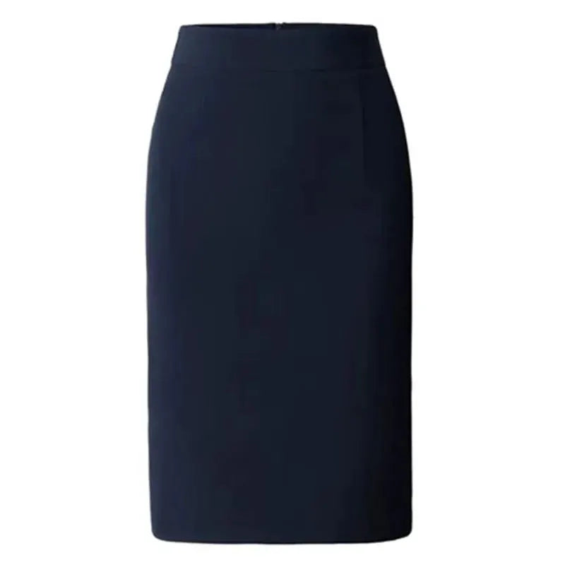 Elegant high-waisted pencil skirt in navy blue, slim fit, midi length.