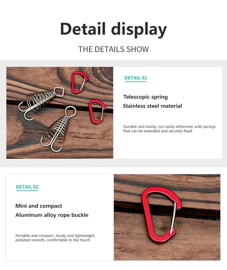 Camping rope buckle set with stainless steel fixed tent hooks and red carabiners
