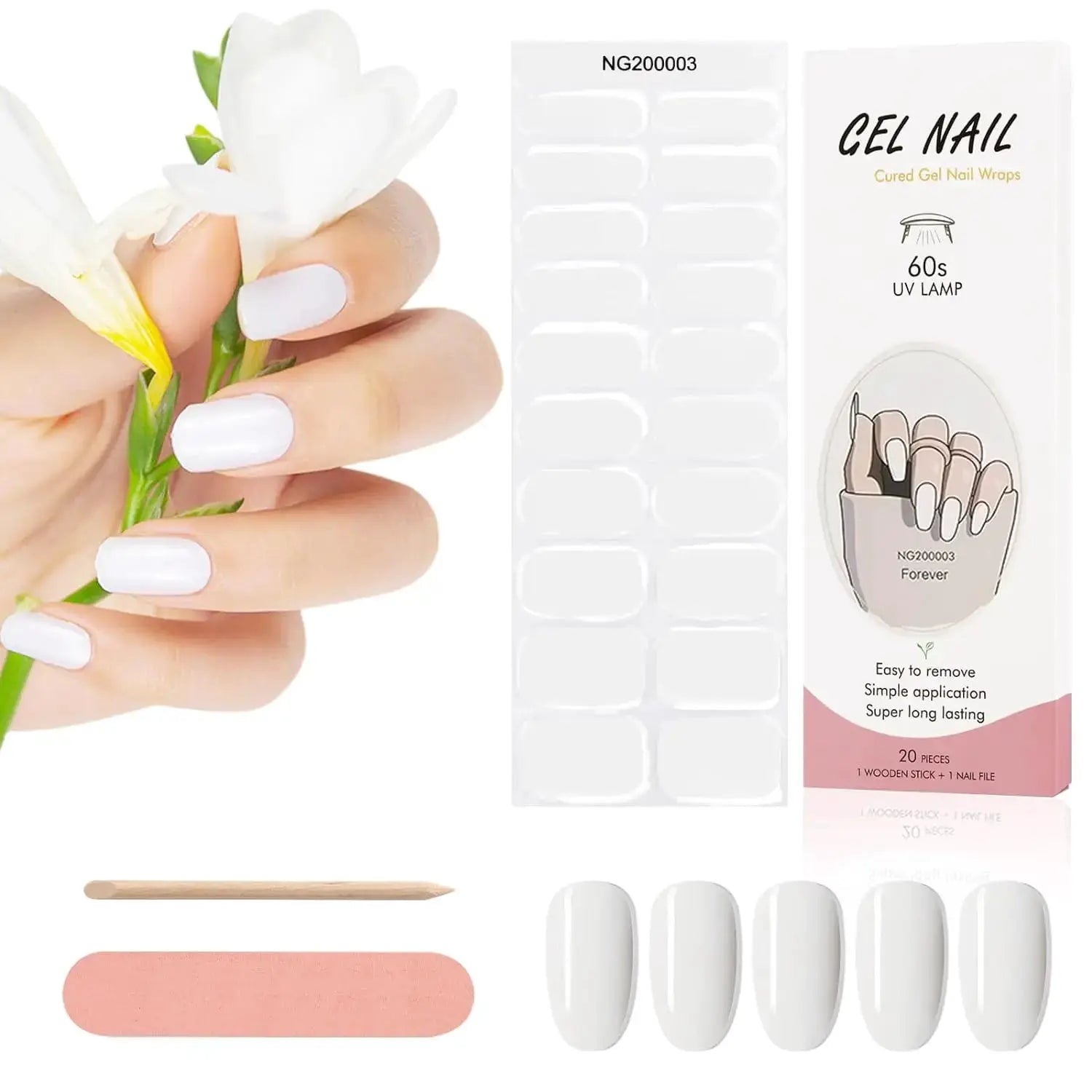 Gel nail wraps by Simples Market, white full-cover 20-piece set for UV lamp; includes wooden stick and nail file
