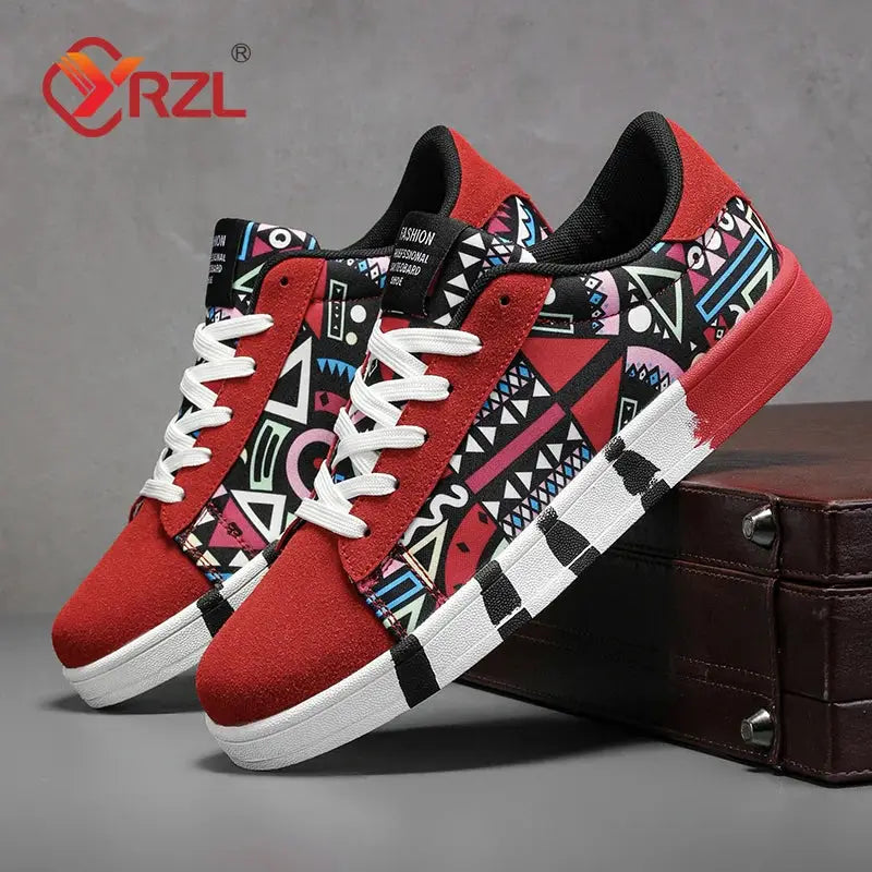 YRZL Men Canvas Sports Running Shoes Geometric Graffiti Print Lace Up Sneakers For Couples