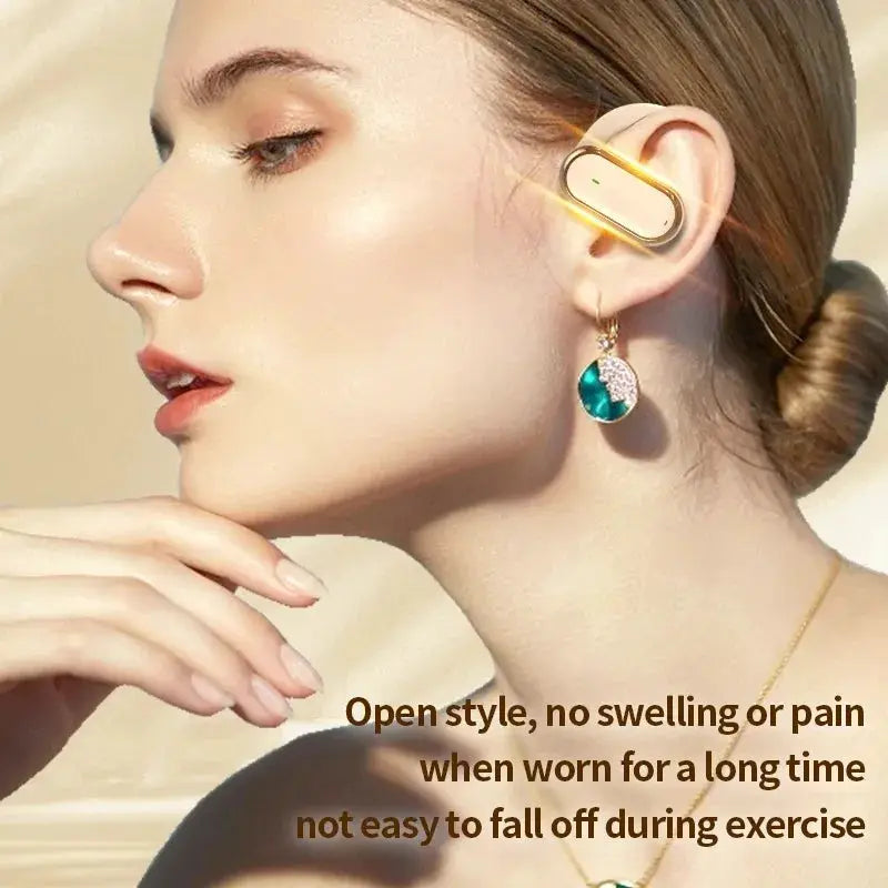 Simples Market Bluetooth 5.4 wireless earphones with white body and gold trim worn on the ear.