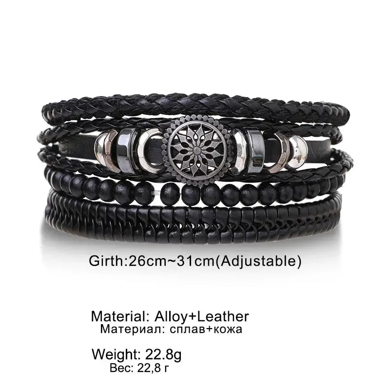 4 Piece Set Braided Leather Wrap Bracelets For Men Vintage Life Tree Rudder Charm Wood Beads Ethnic Tribal Wristbands