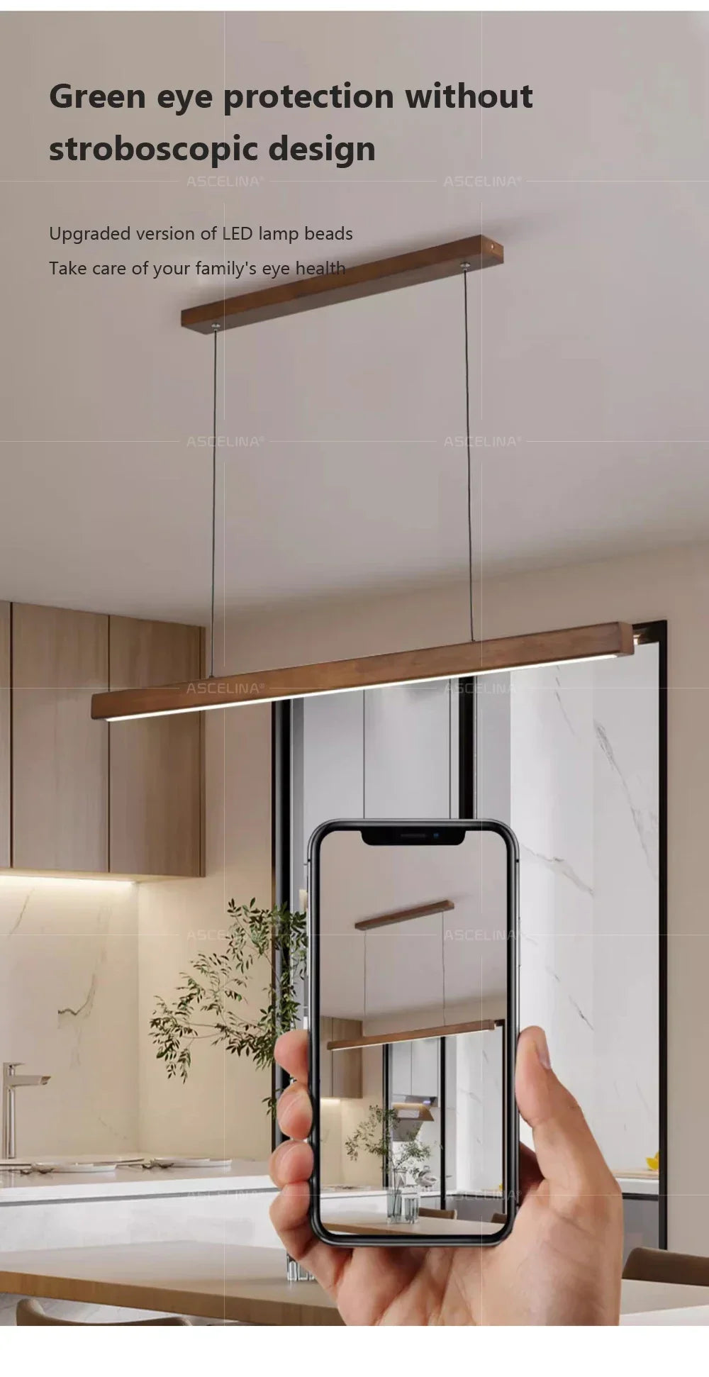 DAMIASMIL LED wooden pendant light by Simples Market, long wood strip dining room chandelier
