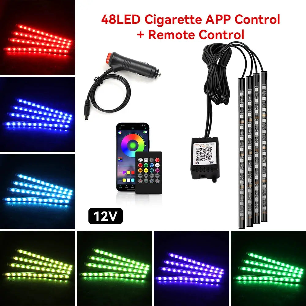 Neon 36 48 72 LED Car Interior Ambient Foot Light Kit RGB With Remote App And Music Sync Control