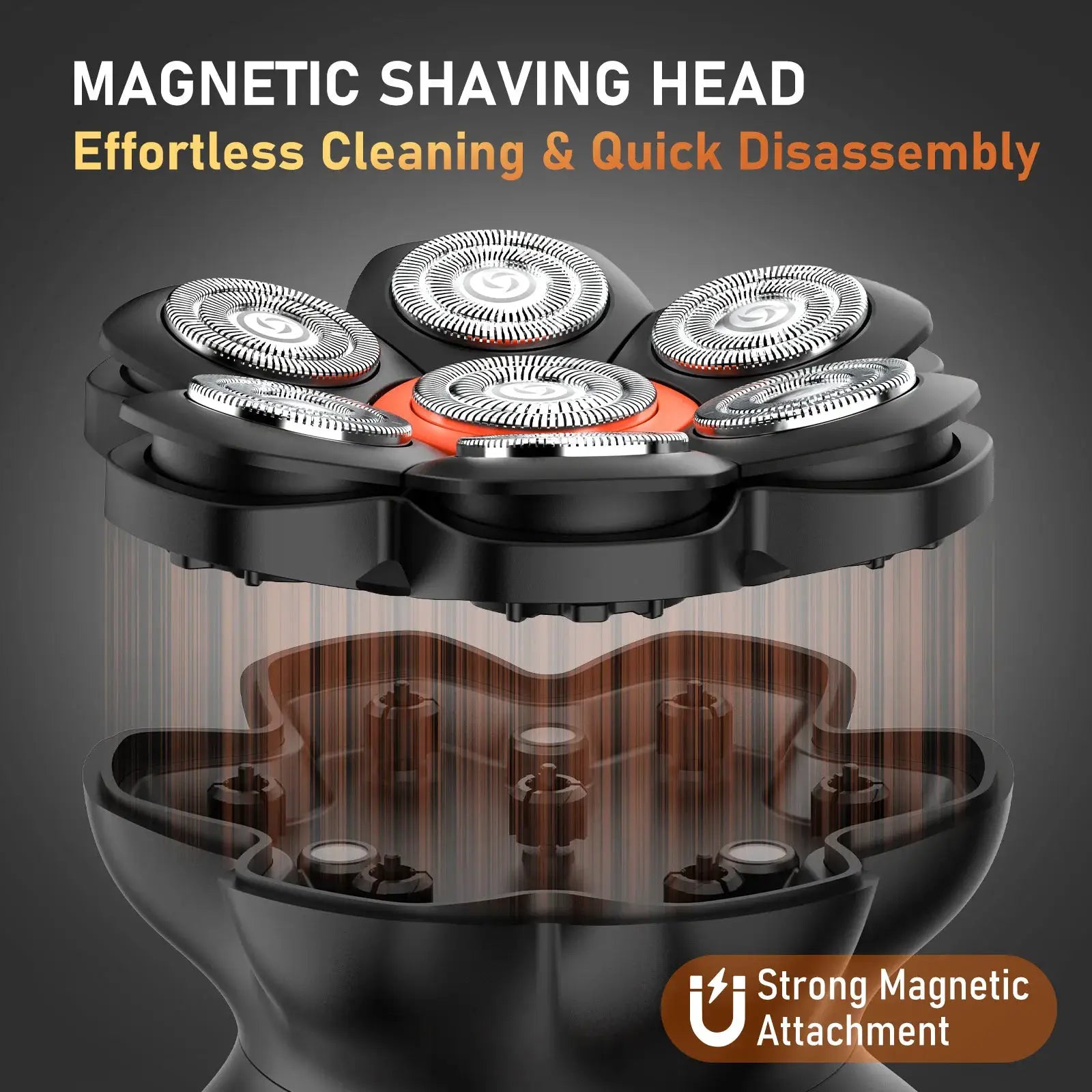 MAXGROOM 7D head shaver with magnetic attachment; black body and silver floating blades