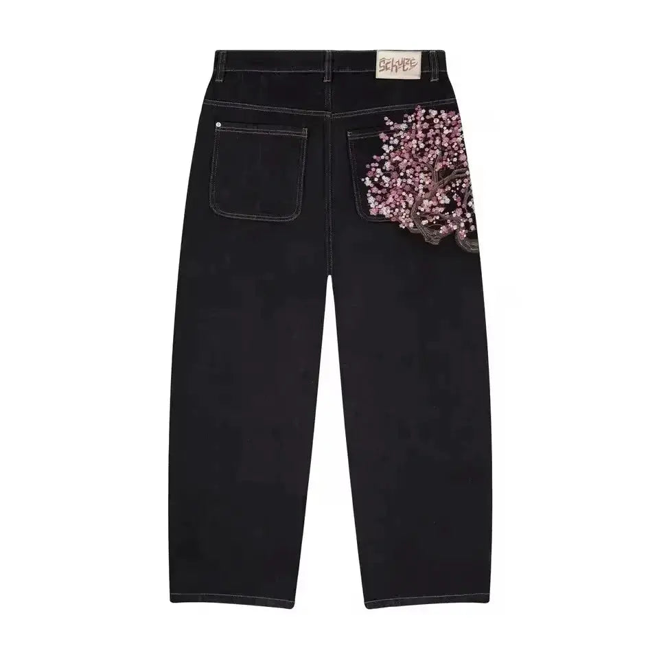 Simples Market black denim jeans with cherry blossom embroidery on back pocket, baggy wide-leg low waist