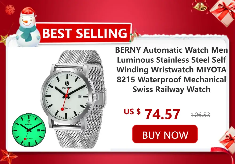 BERNY men's automatic wristwatch with stainless steel mesh band, white dial, red second hand, 5ATM waterproof
