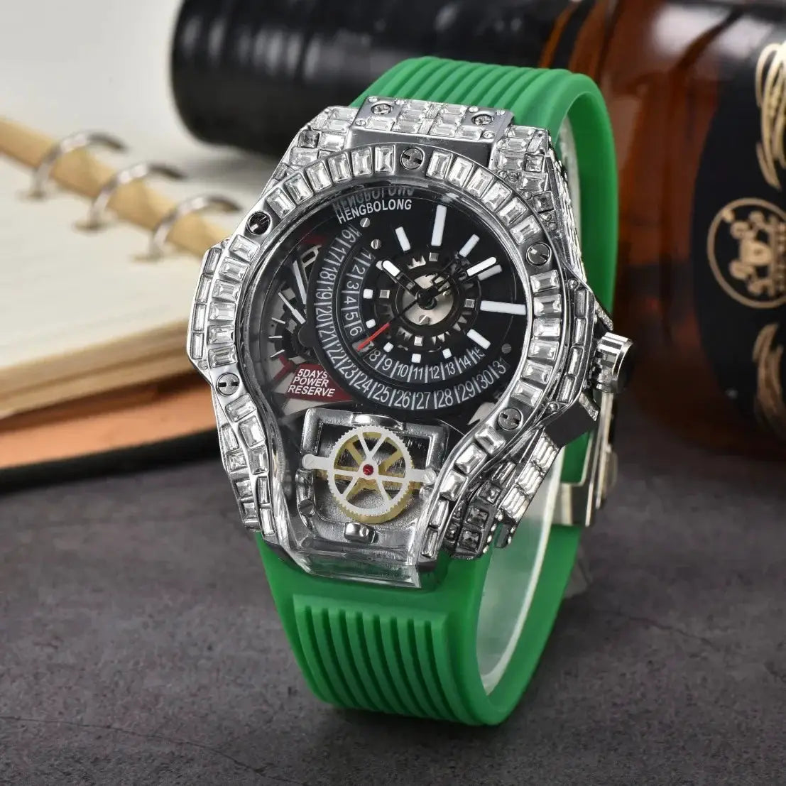 Men's quartz watch with full diamond-studded case, black dial and green silicone strap