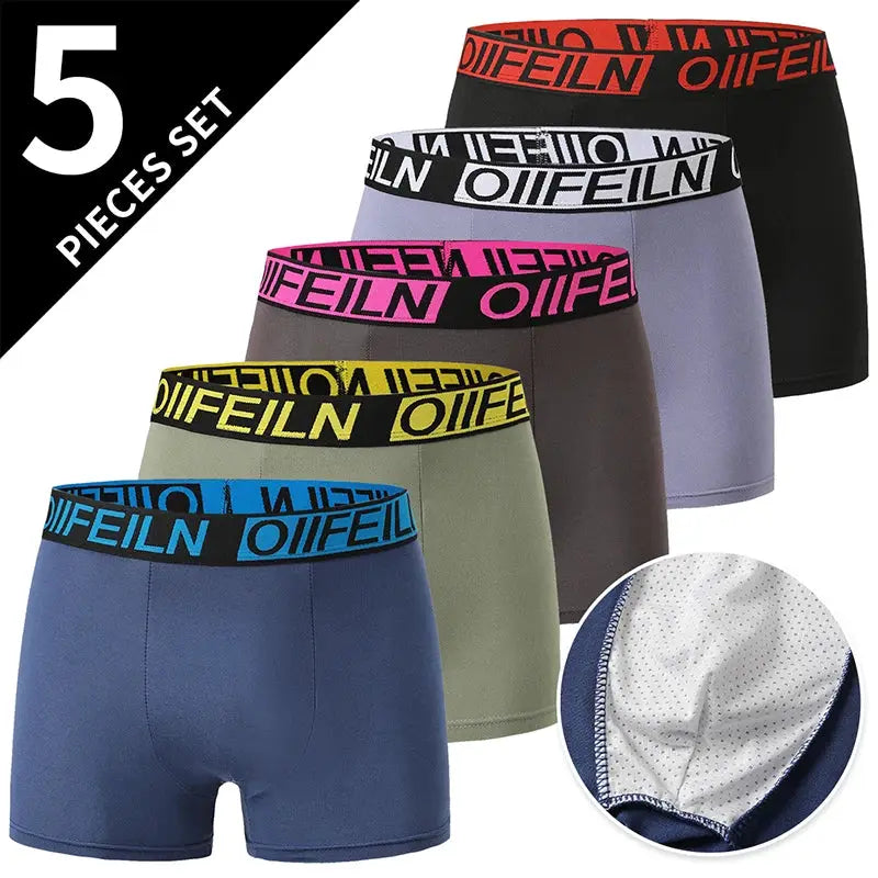 Men's trunks, 5-piece set in blue, green, brown, gray, and black with branded waistbands; mesh lining inset.
