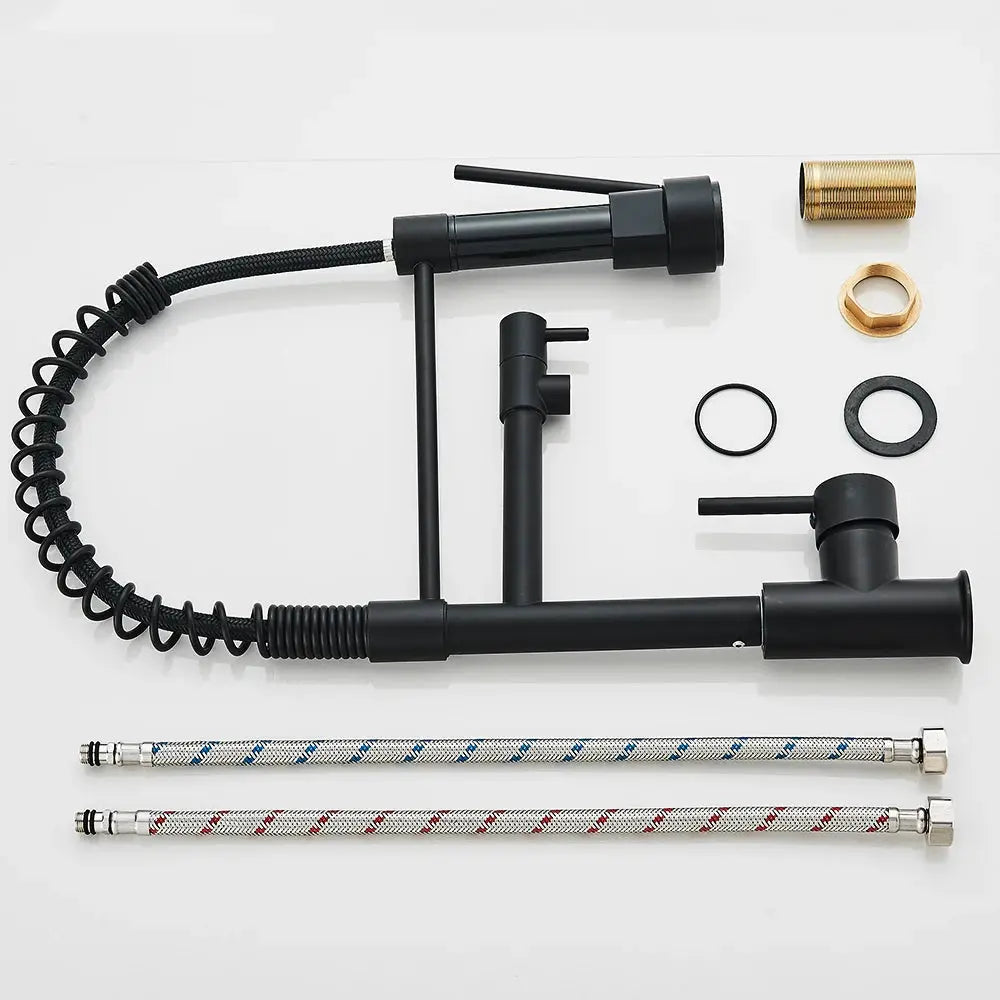 Rozin black rose-gold spring pull-down kitchen faucet by Simples Market with dual spout deck-mounted and 2 braided hoses
