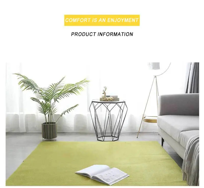 VIKAMA coral velvet carpet lime-yellow living room rug in a bright modern home setting with plant and sofa