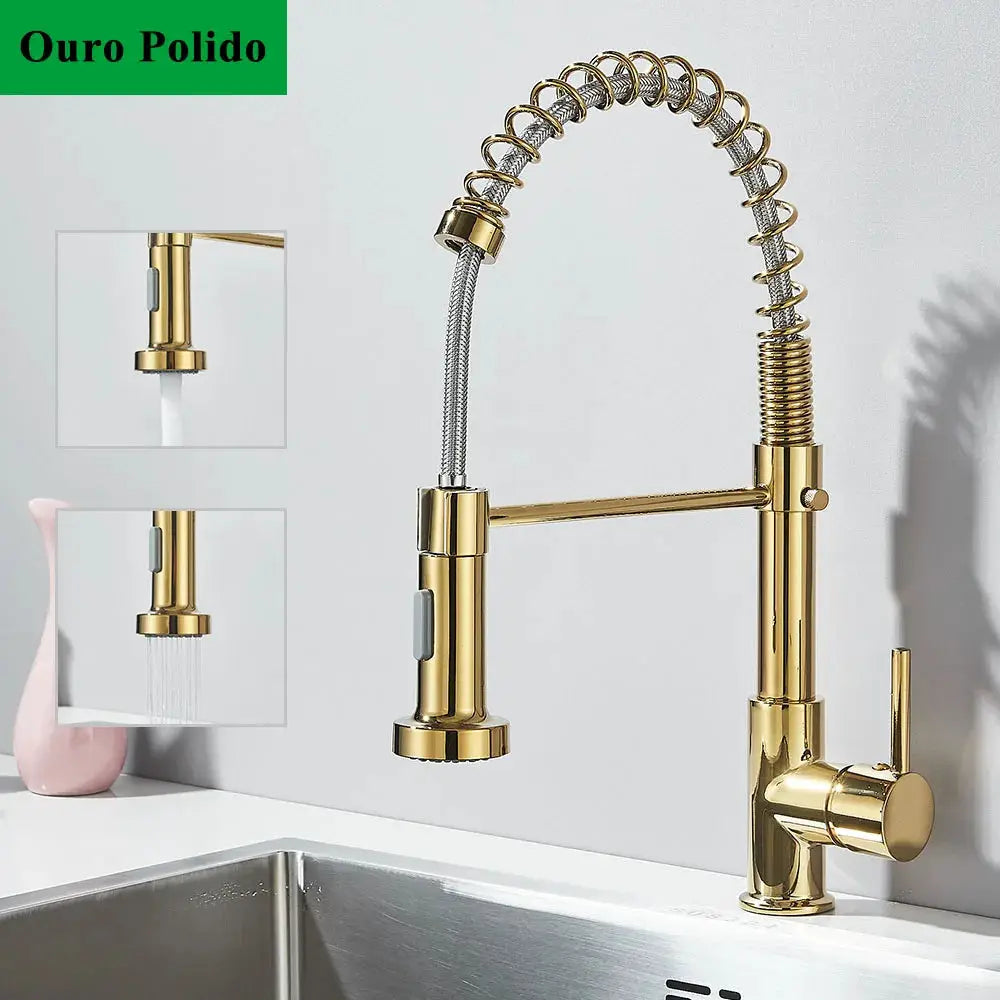 Polished gold kitchen faucet with pull-down spray head and spring hose, Simples Market deck-mount mixer for hot and cold water