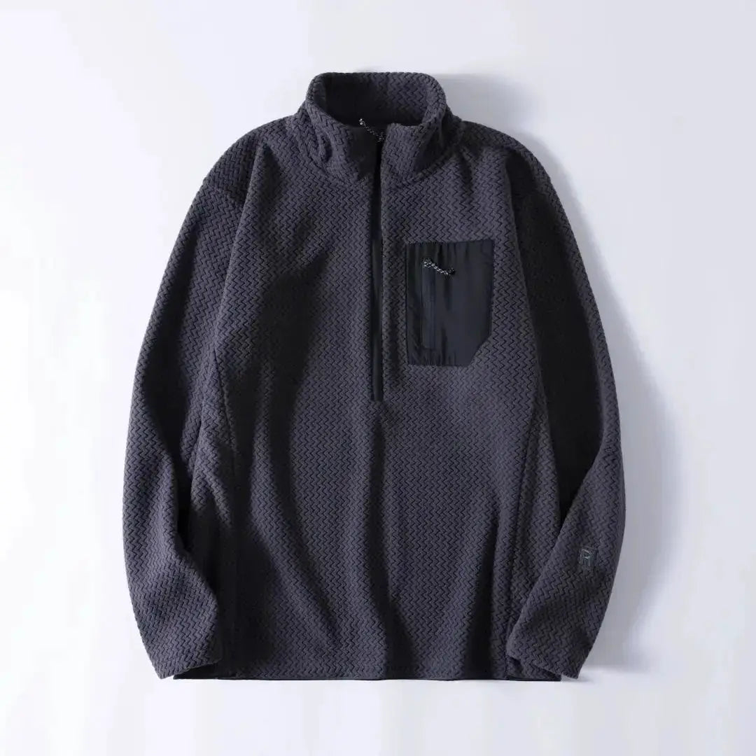 Simples Market fleece sweatshirt; dark gray wavy-texture, long sleeves, semi-zipper with black chest pocket