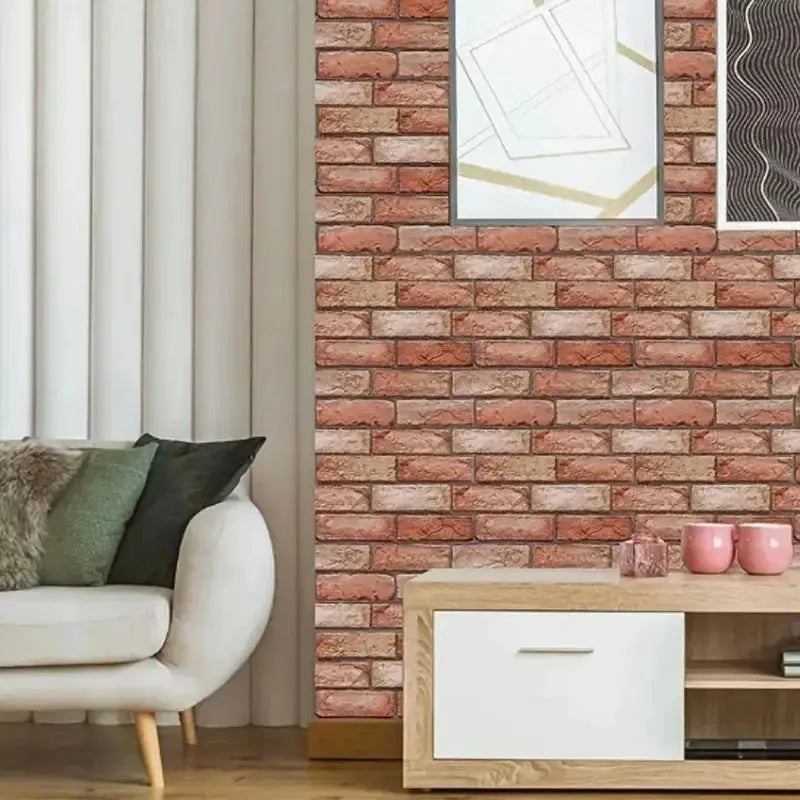 Self-adhesive brick-textured wallpaper panel on an interior living room wall.