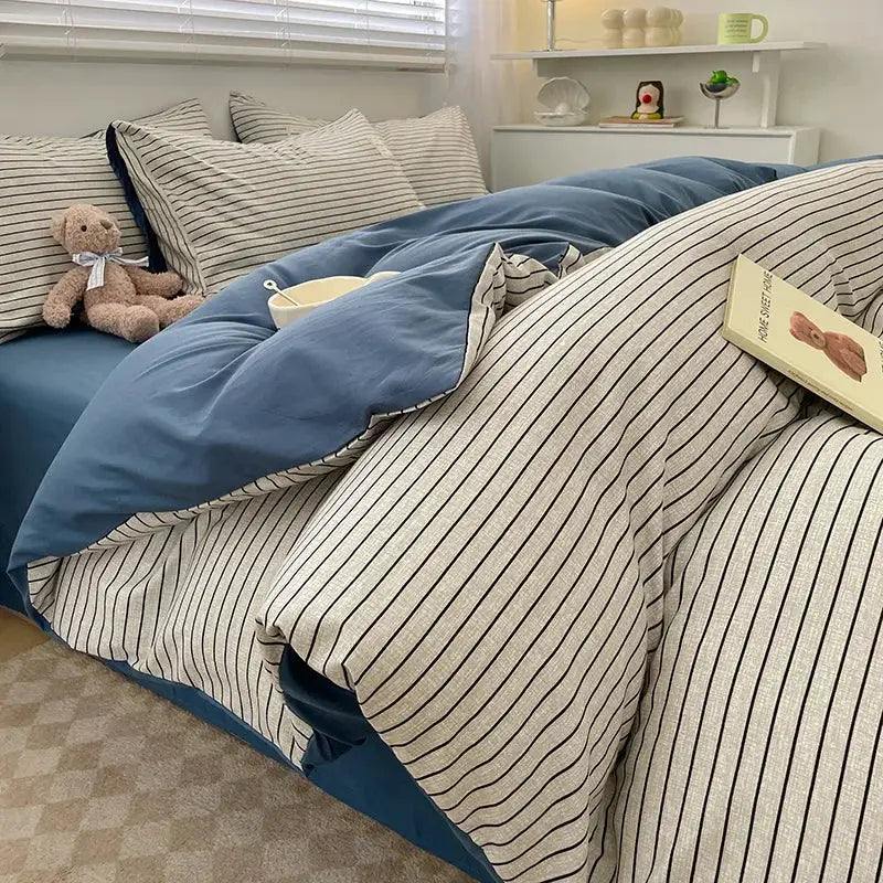 Simples Market Nordic plaid cotton bedding set with blue duvet cover and cream striped pillowcases and sheets