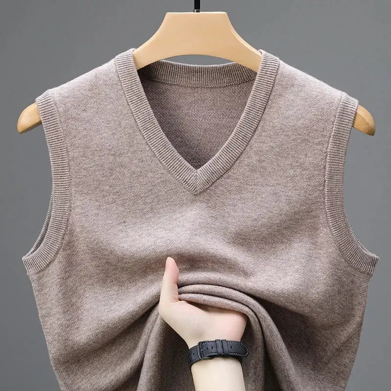 Men's casual sweater vest in taupe knit with V-neck, sleeveless outerwear.