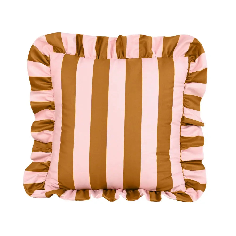 Velvet striped pillowcase, 18x18 inches, pink and brown with ruffled edges