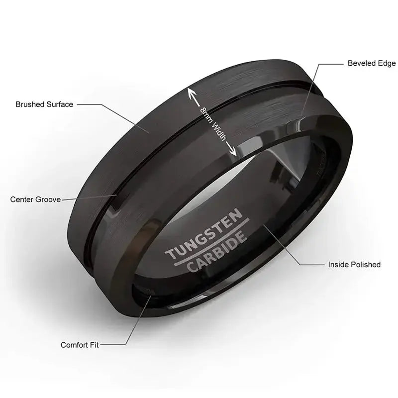 8mm Stainless Steel Black Matte Groove Ring Wholesale For Men Wedding Engagement Party Gift Anniversary Jewelry