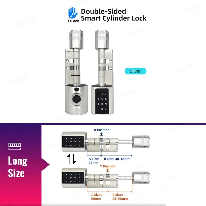 Simples Market silver double-sided smart cylinder lock with keypad and fingerprint reader for keyless entry (TTLock app).