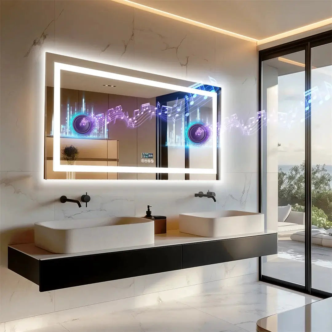 Large rectangular Bluetooth bathroom mirror with LED backlit frame above a black double-sink vanity.