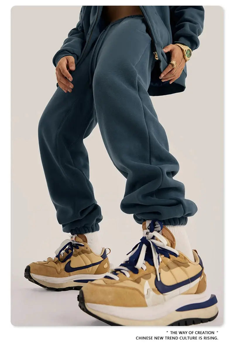 ZODF 345gsm fleece sweatpants, unisex blue joggers with a loose fit and cuffed hems