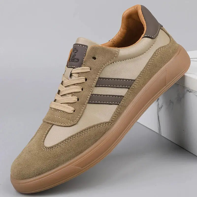 Simples Market leather sneakers for men, beige suede/leather upper with brown stripes and non-slip sole