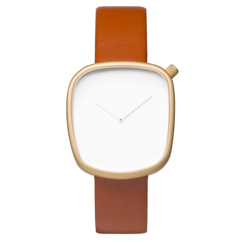 TOMI Watch by Simples Market; minimalist square design with rose-gold-tone case and brown leather strap