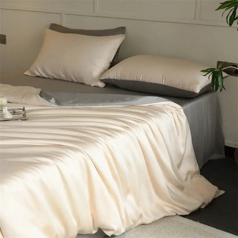 Mulberry Silk Bedding Set by Simples Market, ivory silk duvet cover with grey bedsheet and ivory pillowcases