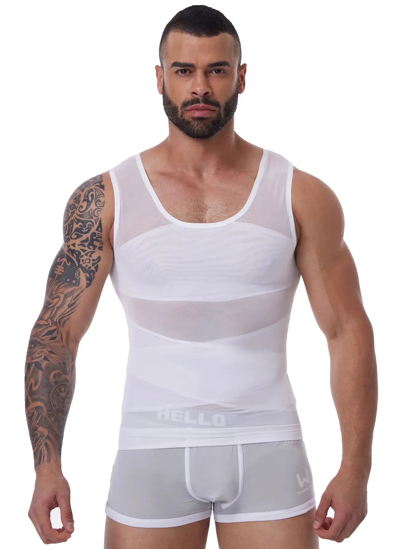 Men's white mesh shapewear tank top; sleeveless compression undershirt with breathable panels