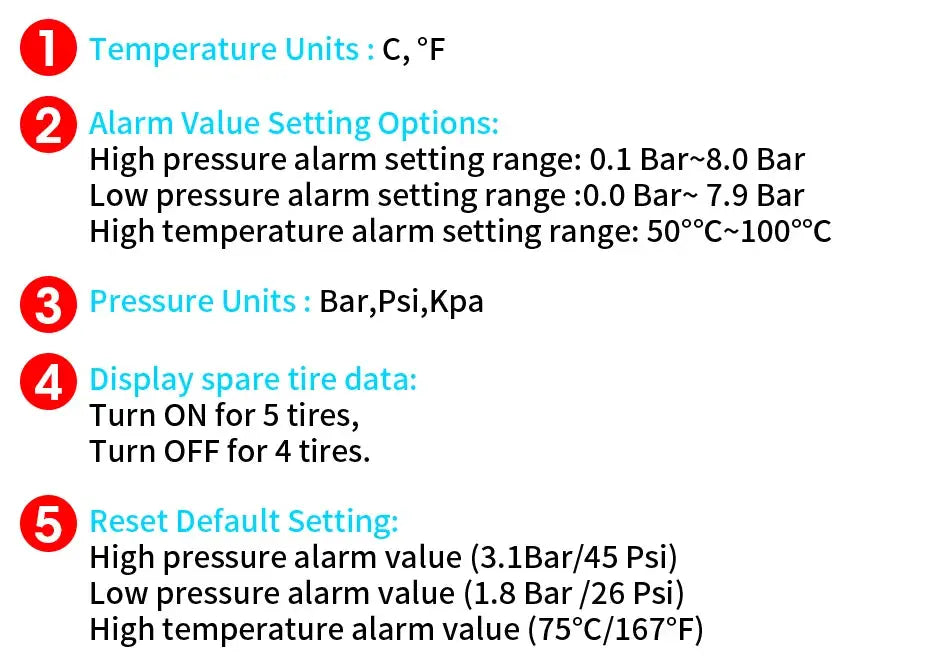 Simples Market JMCQ USB TPMS display illustrating 5 settings: temperature units, alarm ranges, and pressure units.
