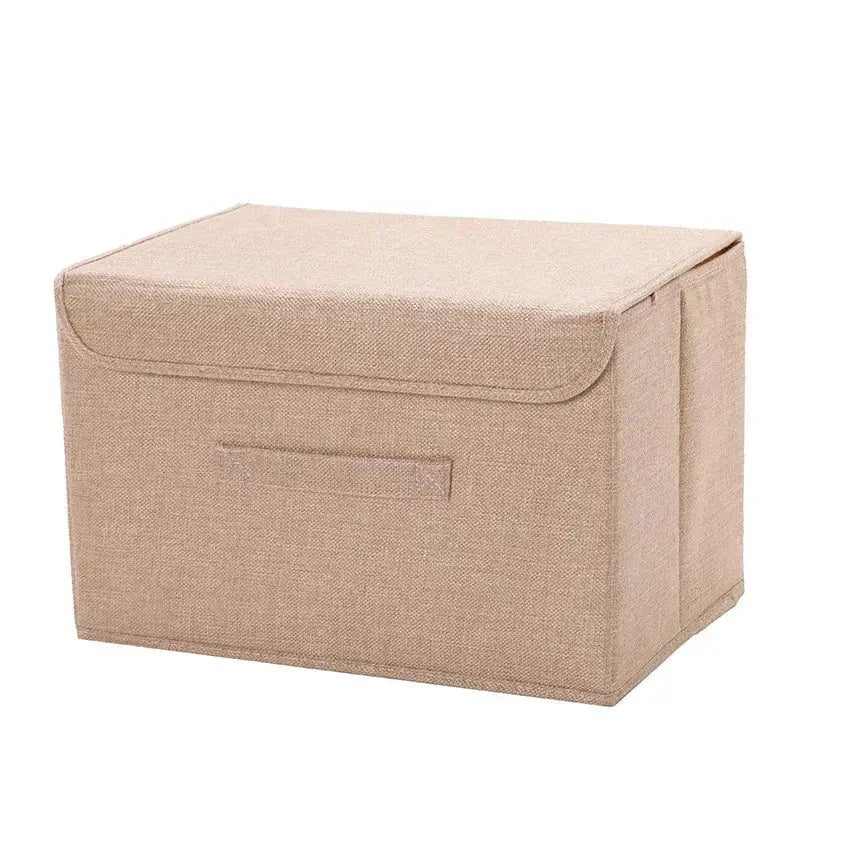 Beige fabric storage box with lid, washable cotton-linen material, foldable storage bin