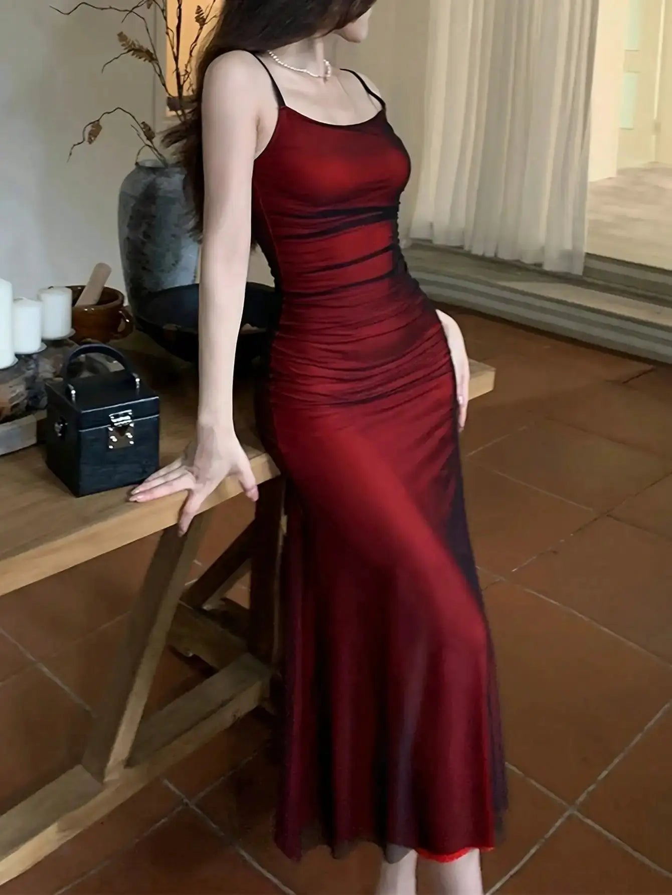 VivaSilk Red Camisole Off Shoulder Maxi Dress With Pleated Skirt Slim Fit For Summer Beach Parties