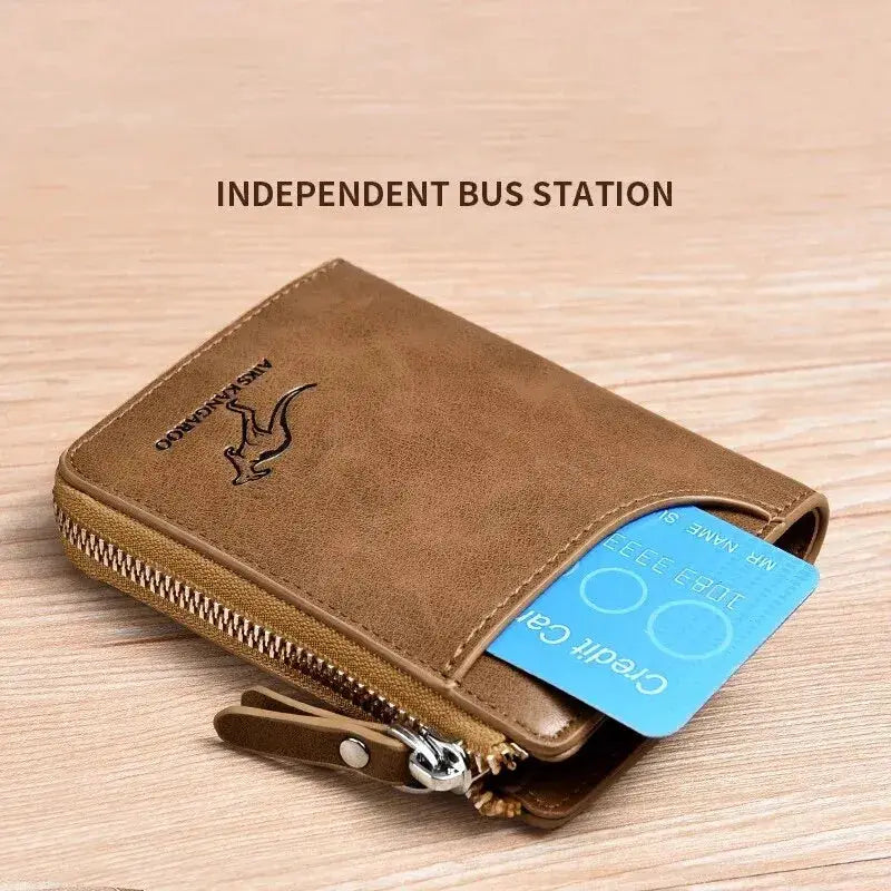 Men's brown leather zipper wallet with RFID protection and card holder, Simples Market
