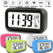 Led digital alarm clocks set in black, pink, lime green, white, blue; Simples Market backlit time, date and temp.