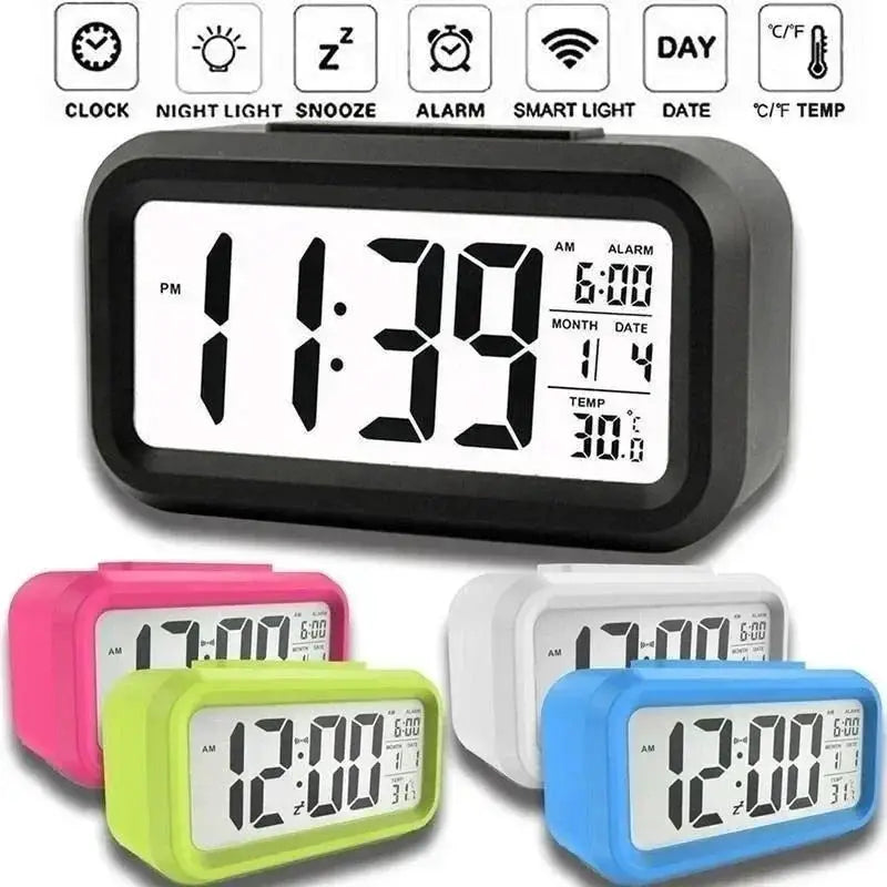 Led digital alarm clocks set in black, pink, lime green, white, blue; Simples Market backlit time, date and temp.