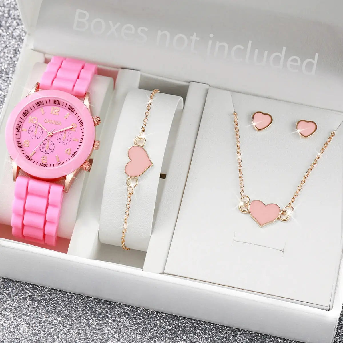 Pink Geneva quartz watch with silicone strap and rose-gold heart jewelry set (bracelet, necklace, earrings)