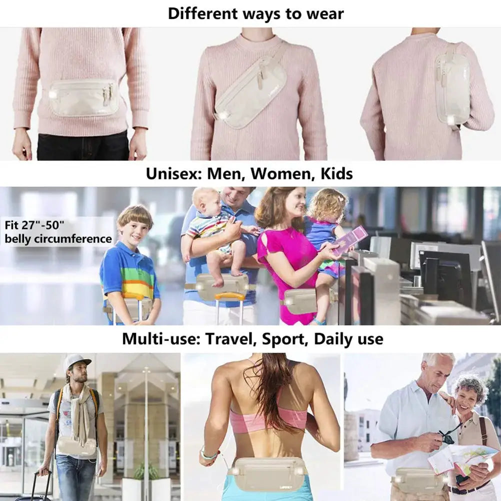 Invisible travel waist pack; cream pouch for passport and money, unisex belt bag for travel and daily use.