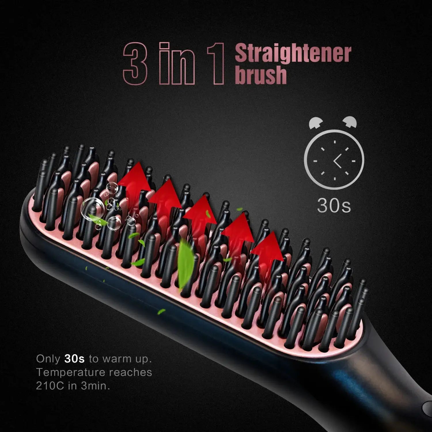 Simples Market 3-in-1 men's electric beard straightener brush with negative ion, wet & dry, pink base, black bristles
