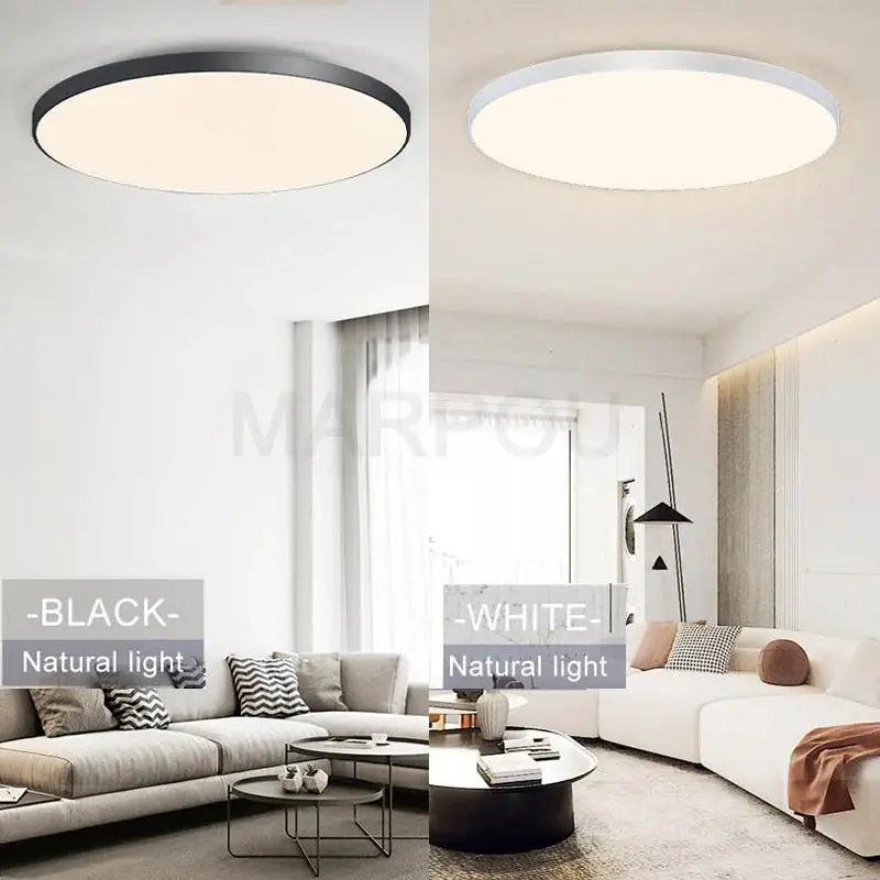 MARPOU smart ceiling lamp by Simples Market; two black and white round LED ceiling lights with remote, dimmable