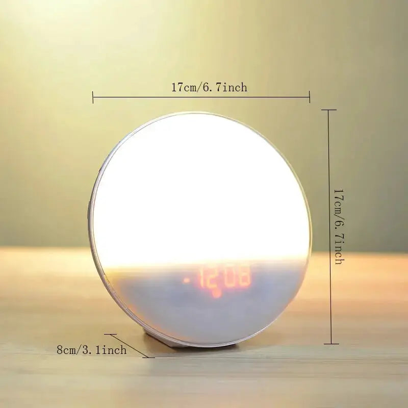 Simples Market Sunrise alarm clock with circular white body and red LED time display on a desk.