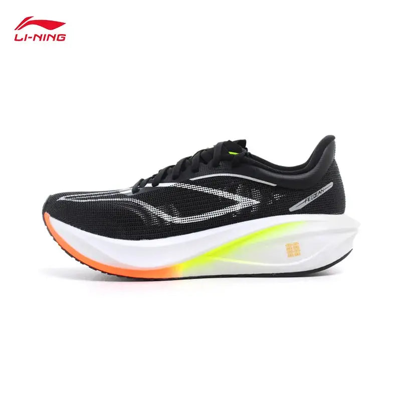 LI-NING Feidian 5 Challenger men's running shoe, black mesh upper with white detailing and neon yellow sole.