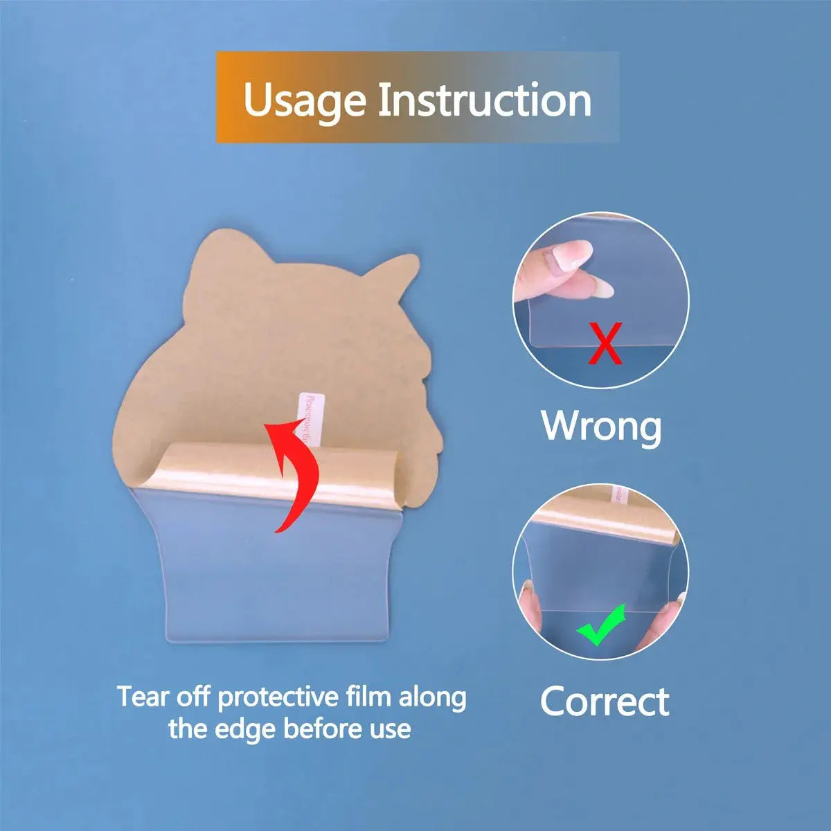 Submachine gun night light usage instructions showing wrong vs correct edge peeling of protective film